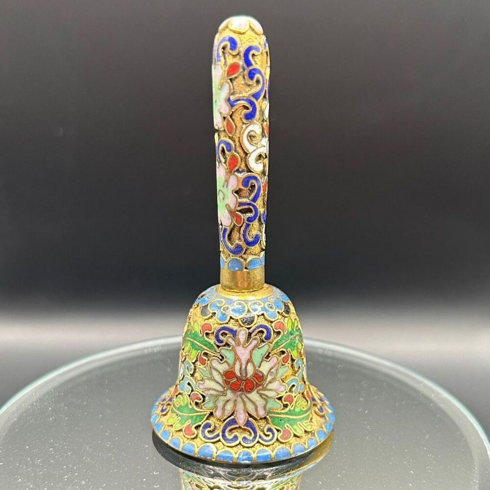 Small Chinese Cloisonne Champleve Metal with Enamel Colorful Bell Decor 2 5/8"